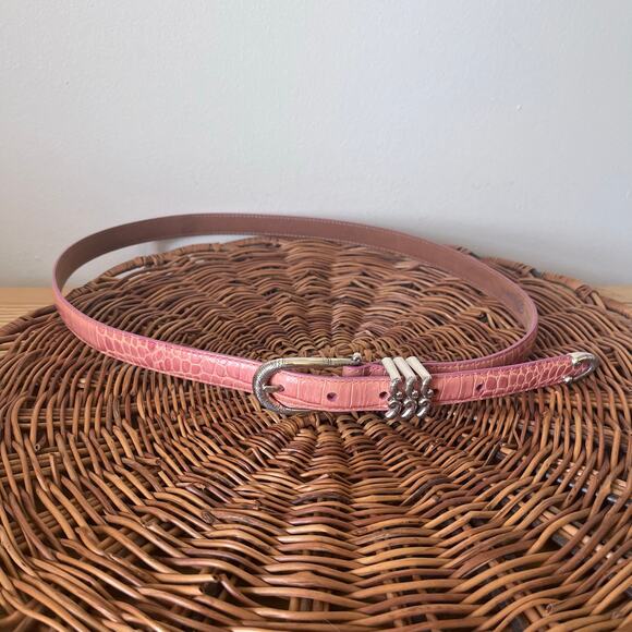 VTG Brighton Skinny Pink Belt Sz 36 XL Croc Leather Silver Embossed Floral 90’s - Picture 1 of 6